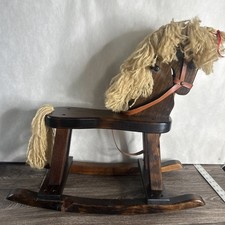Handmade Child's Wooden Rocking Horse, Solid Wood With Yarn Mane And Tail