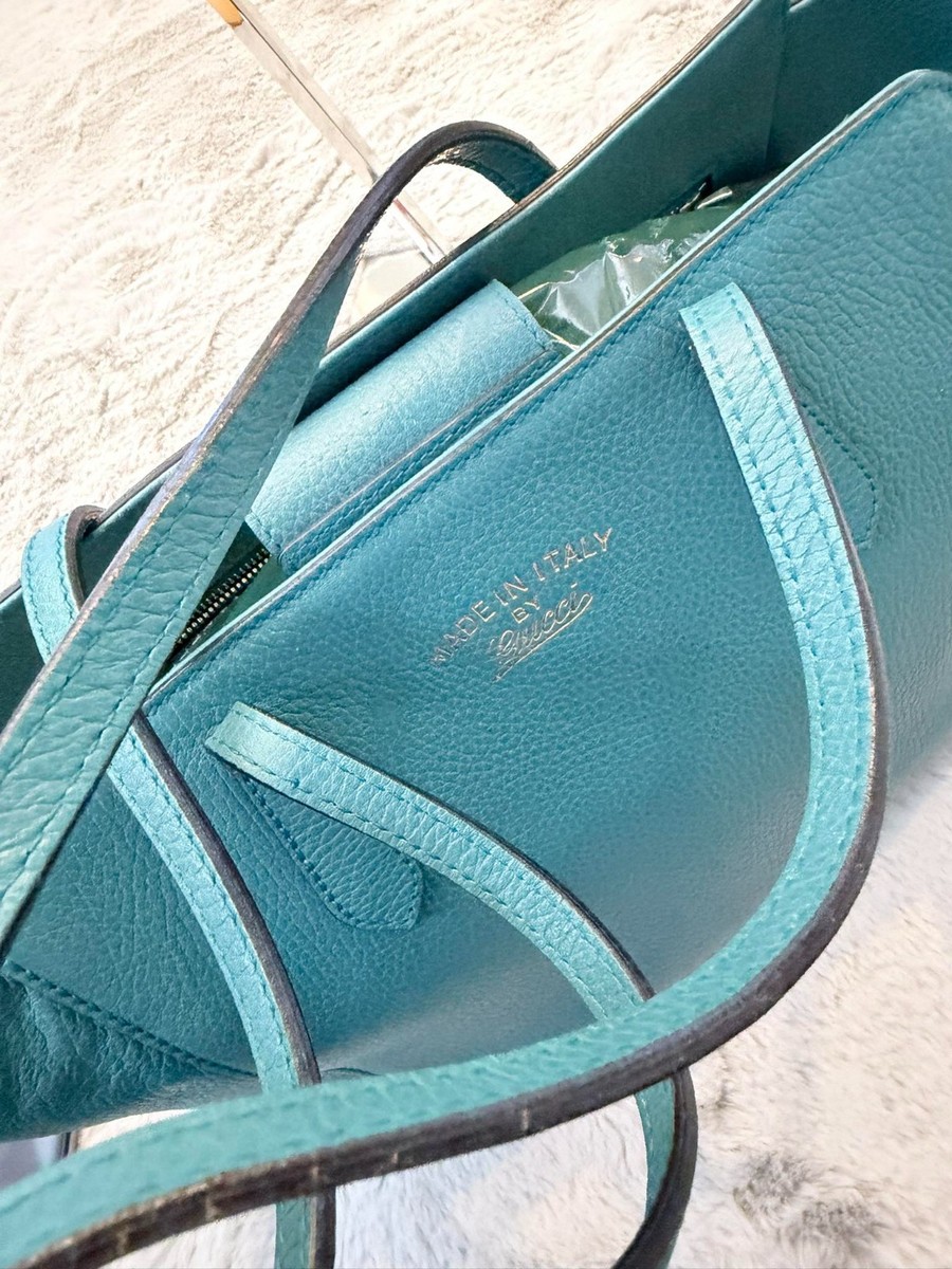 Gucci Swing Medium Tote Blue Turquoise Pebbled Leather Shoulder