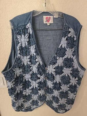 Vtg 90's Keren Hart Cotton Denim Vest Women's (Size: 2X) 27''PTP 25''L Floral Blue