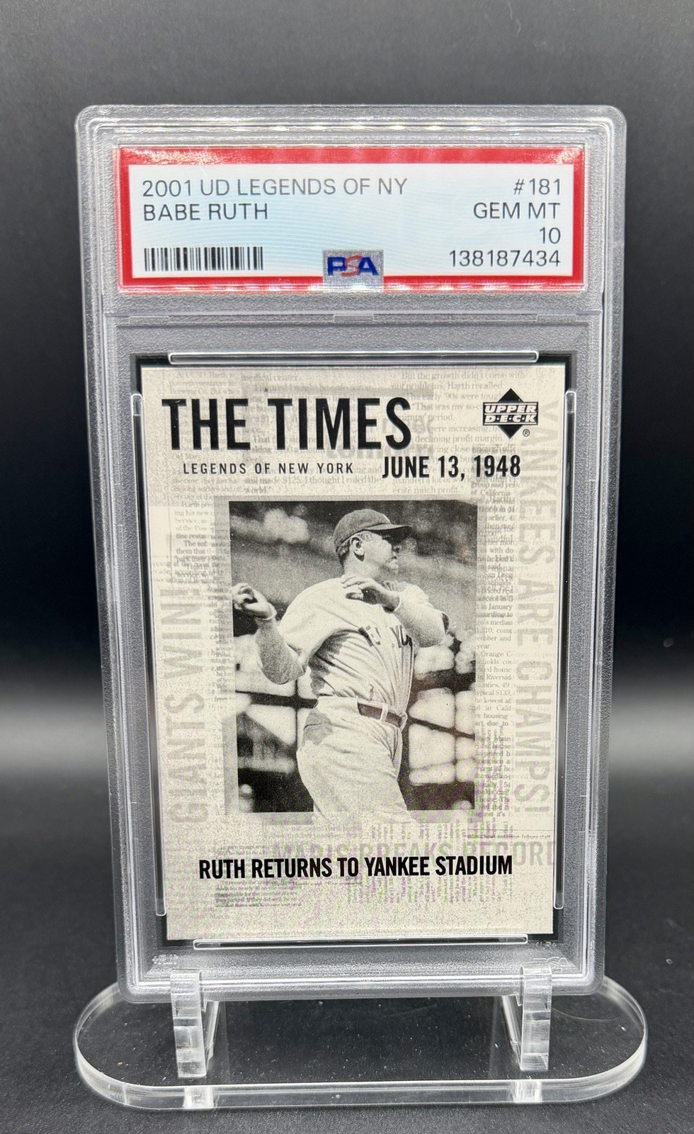 2001 Upper Deck Babe Ruth PSA 10 Low POP “Legends of New York - The Times”