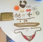 Lot Of 15 Pieces Vintage Costume Jewelry And Mesh Wallet, Pins, Earrings