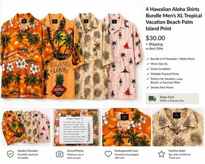 Paradise Men's Tropical Print Cotton Button-Up Shirt Bundle Short Sleeve XL