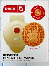Dash Electric "REINDEER" 4" Mini Waffle Maker, Non-Stick 350 Watts -- New in Box