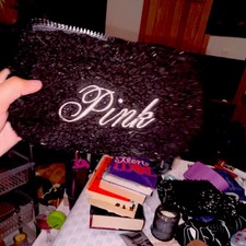 PINK Black Fuzzy Fabric Makeup Bag Case with Zipper Cosmetic Organizer