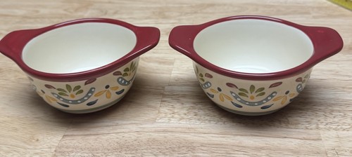 2 Bobby Flay Sevilla 4" Lugged Handles Fruit Dessert Sauce Bowls Retired Red Rim