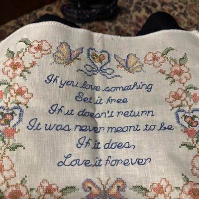 Vintage Handmade Embroidered Cross Stitch Sampler Embroidery Butterfly Love .
