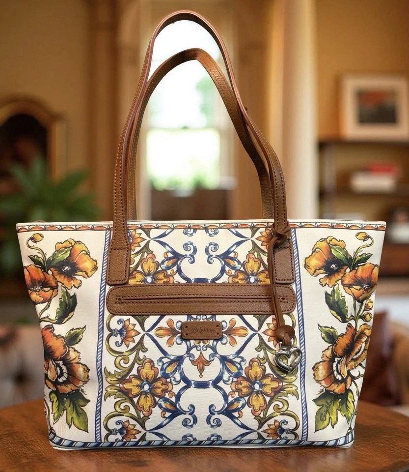 Bolso de Mano Shopper Brighton Bella Lucca Italiano Floral Cuero Blanco Naranja Azul Foto 3 de 4