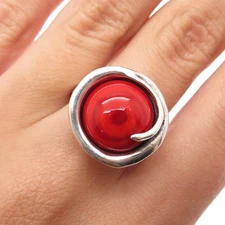 HAGIT GORALI Sterling Vintage Israel Red Murano Glass Modernist Ring Size 7.75