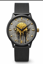 MASTRI Tunnel Quartz Analog Watch Black Mesh Band Gray/Gold Graphic Dial 40-43mm