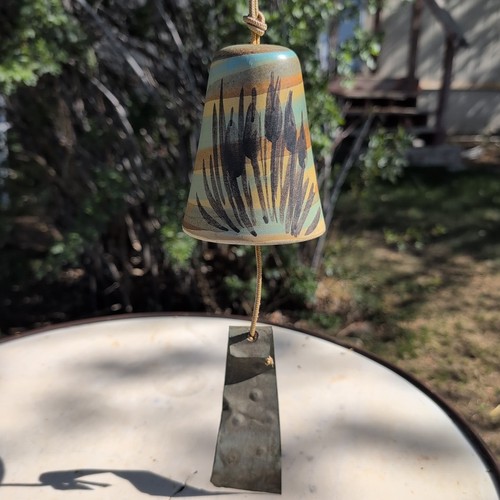 Pacific Stoneware Wind Chime Bell USA Vintage 70’s Cattails Blue Brown Tan