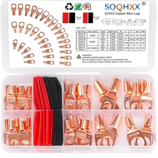 60Pcs Copper Wire Lugs, Battery Cable Ends AWG 4 6 8 10 12 Gauge Wire Connectors
