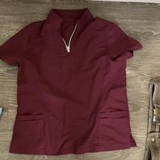 Women's Burgundy Solid Medical Scrub Top Short Sleeve Zipper