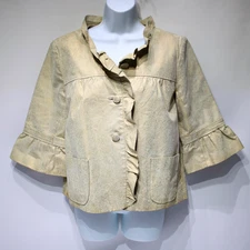 Michael Simon Ruffled Leather Jacket Beige Gold Sparkle Women Size M (B4)