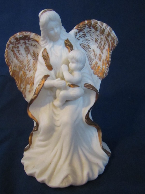 Vintage Angel Holding Baby Figurine White  & Gold Trim 5-1/2"