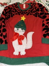 Holiday Time Cat Kitten Ugly Christmas Sweater Fun Novelty  Red Bow OX  14W