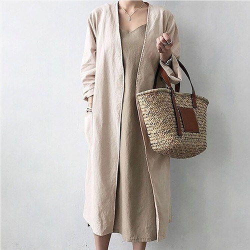 Womens Cotton Linen Long Sleeve Coat Jacket Tops Loose Cardigan Outwear Summer - Foto 4 di 12