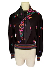 Memphis Design '80s Sweater/Silk Scarf Set Black Multicolor Knit Anne Crimmins S