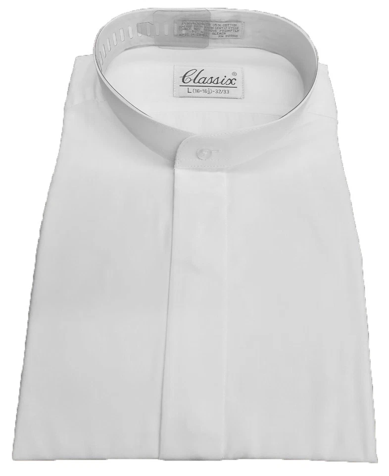 Camisa de vestir blanca con cuello mandarín (cuello con bandas) para hombre, sin pliegue Foto 2 de 2