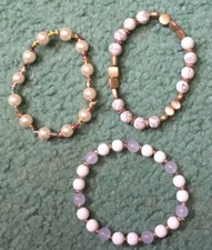 Set of 3 Elastic Bracelets, Gold and White Colored With Beads