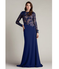 TADASHI SHOJI Navy 3D Embroidered Floral Embellished Sheer Gown Dress 12 L