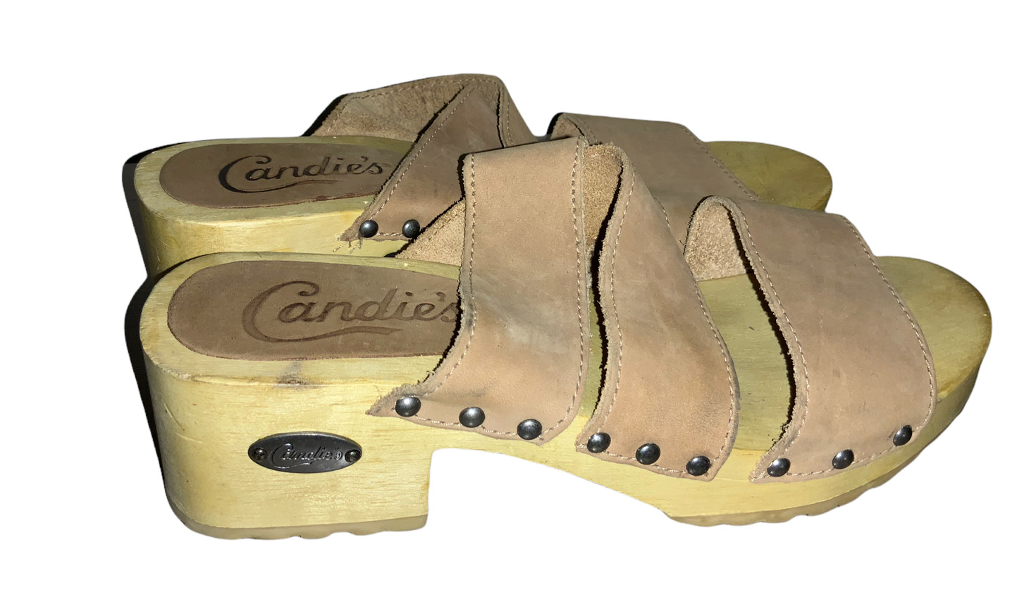 Vintage Candies 90's Y2K Tan Camel Wooden Heel Chunky… Gem