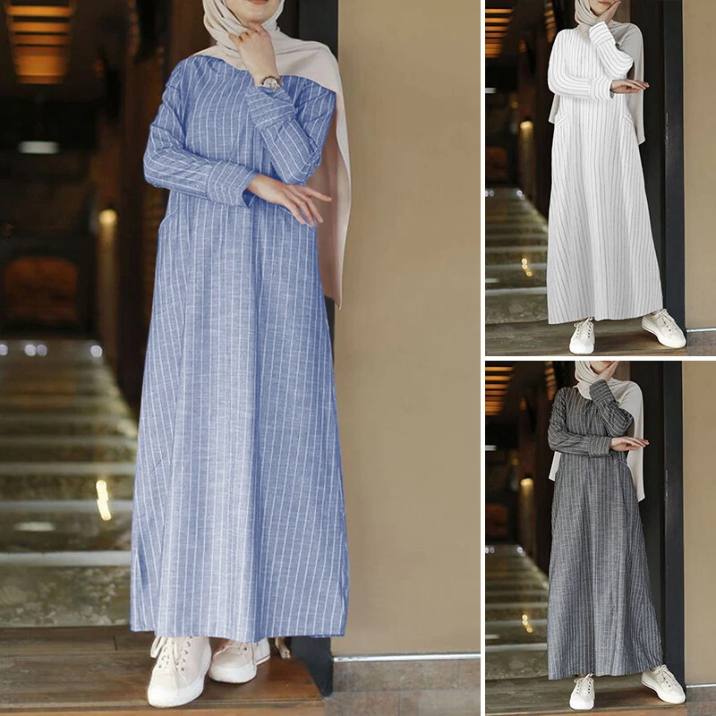 Womens Casual Loose Striped Long Sleeve Round Neck Muslim Long