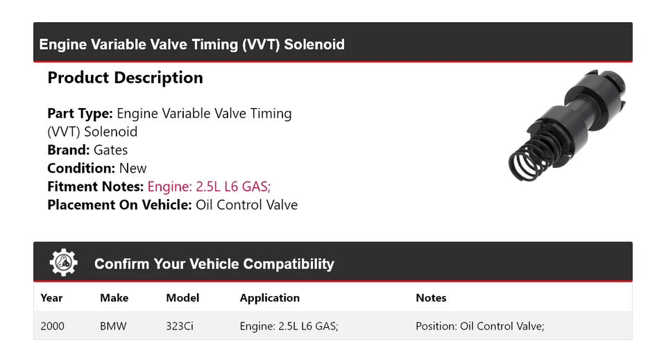 Para BMW 323Ci 2000 2,5 L L6 motor de gas VVT solenoide puerta de válvula de control de aceite Foto 2 de 4