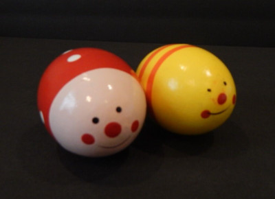 Pair of Hand-Painted Wood Easter Egg Rattles Decorative Faces Polka Dots Stripes
