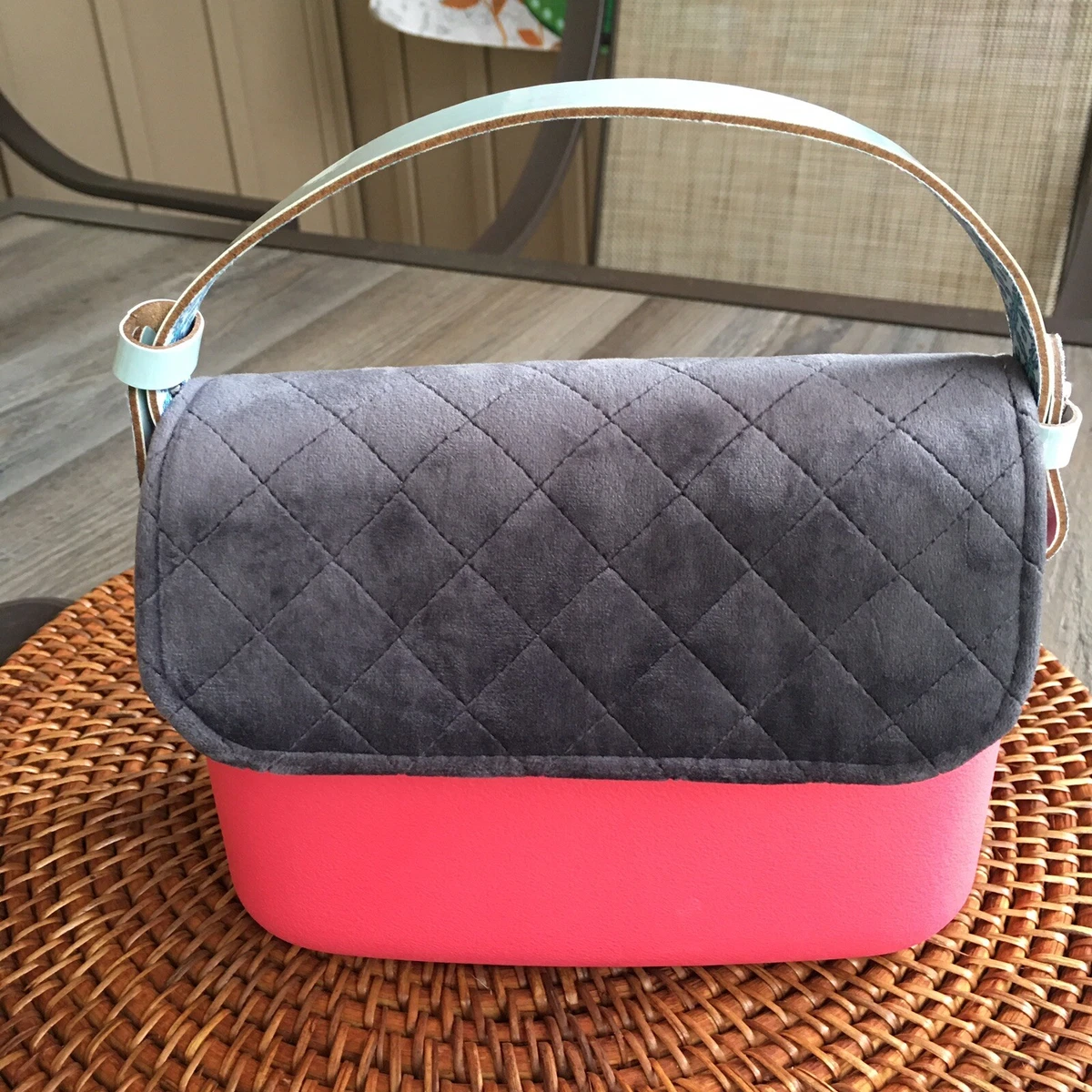 NWOT O Bag Italy Gray Velvet Flap O Pocket Coral Base Reversible