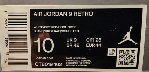 Nike Jordan 9 Retro Fire Red Grey CT8019-162 Men's Size 10 - Picture 8 of 8
