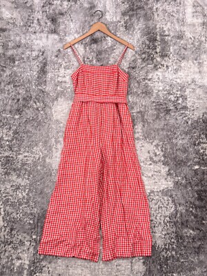 J Crew Jumpsuit Womens Linen Gingham Check Red Wide Leg Tie