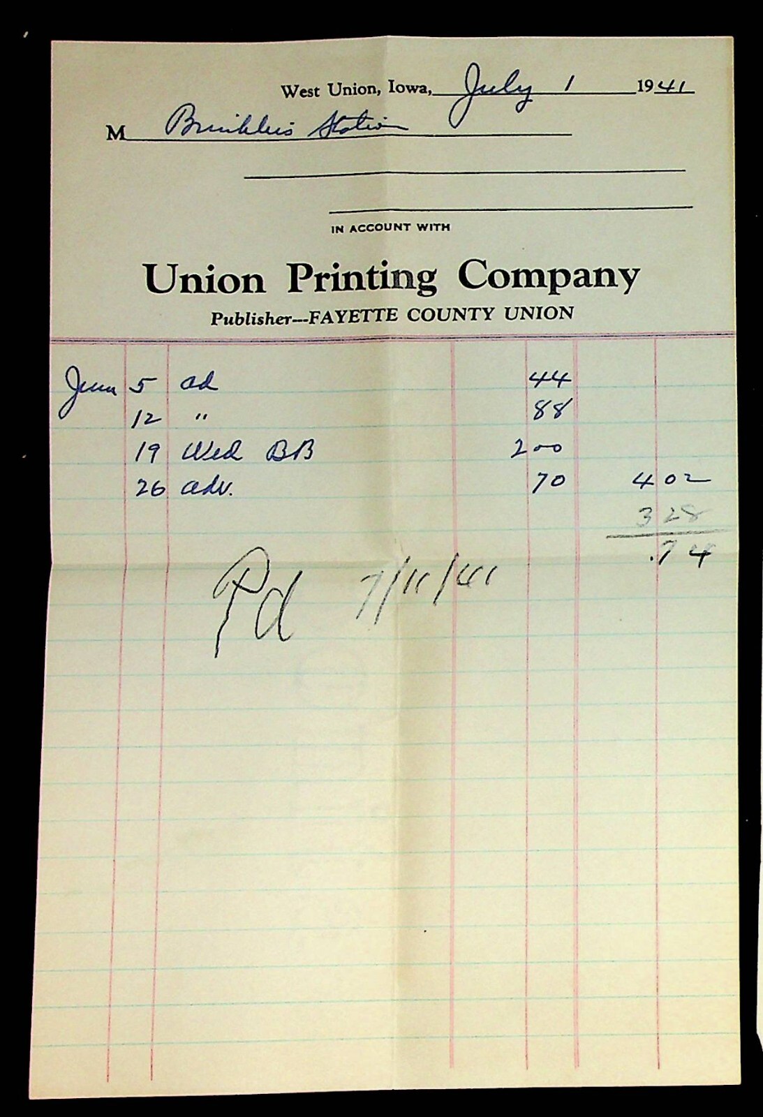 1941 Fayette County Union Newspaper, Union Printing Co. West Union IA