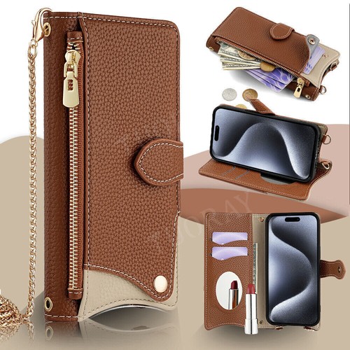 Crossbody Zipper Card Magnetic Stand Case For iPhone 16 15 14 13 12 11 Pro Max - Picture 48 of 92