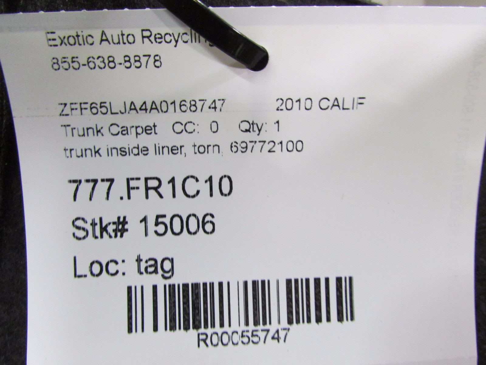 Ferrari California, Rear Trunk Carpet Liner Black, P/N 69772100, Used