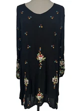 Free People Women's XS Bohemian Dress Embroidery Black Long Sleeve Lined - AC