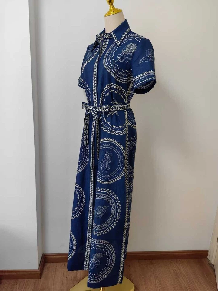 Alemais Oceane Linen Shirt dress blue Linen printed lapel tie dress women 2025 - Image 3 of 4