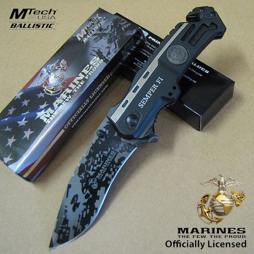 USMC Marines Semper Fi Spring Assisted Open Tactical Black Folding