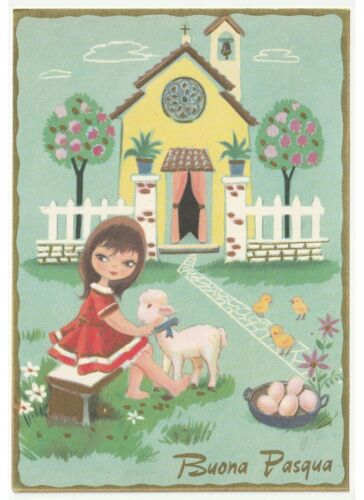 Non Viaggiata Galbi cartolina vintage Buona Pasqua bambina agnello uova pulcini - Foto 1 di 2