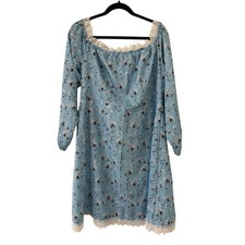 Shein Curve 3XL Blue Floral Lace Trim Mini Dress Long Sleeve Cottagecore Boho