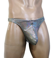 Mens Thong T-Back Big Pouch Sparkly Silver Nylon/Spandex Medium Made in USA