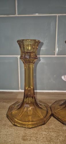 Pair (2) Vtg Amber Glass Candle Sticks 6 Inch - Picture 6 of 9