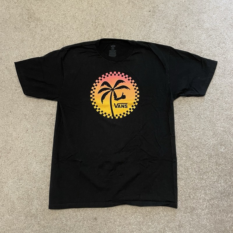 VANS Graphic T-Shirt Palm Tree Thumbs Up Black Orange Unisex Sz LG Large