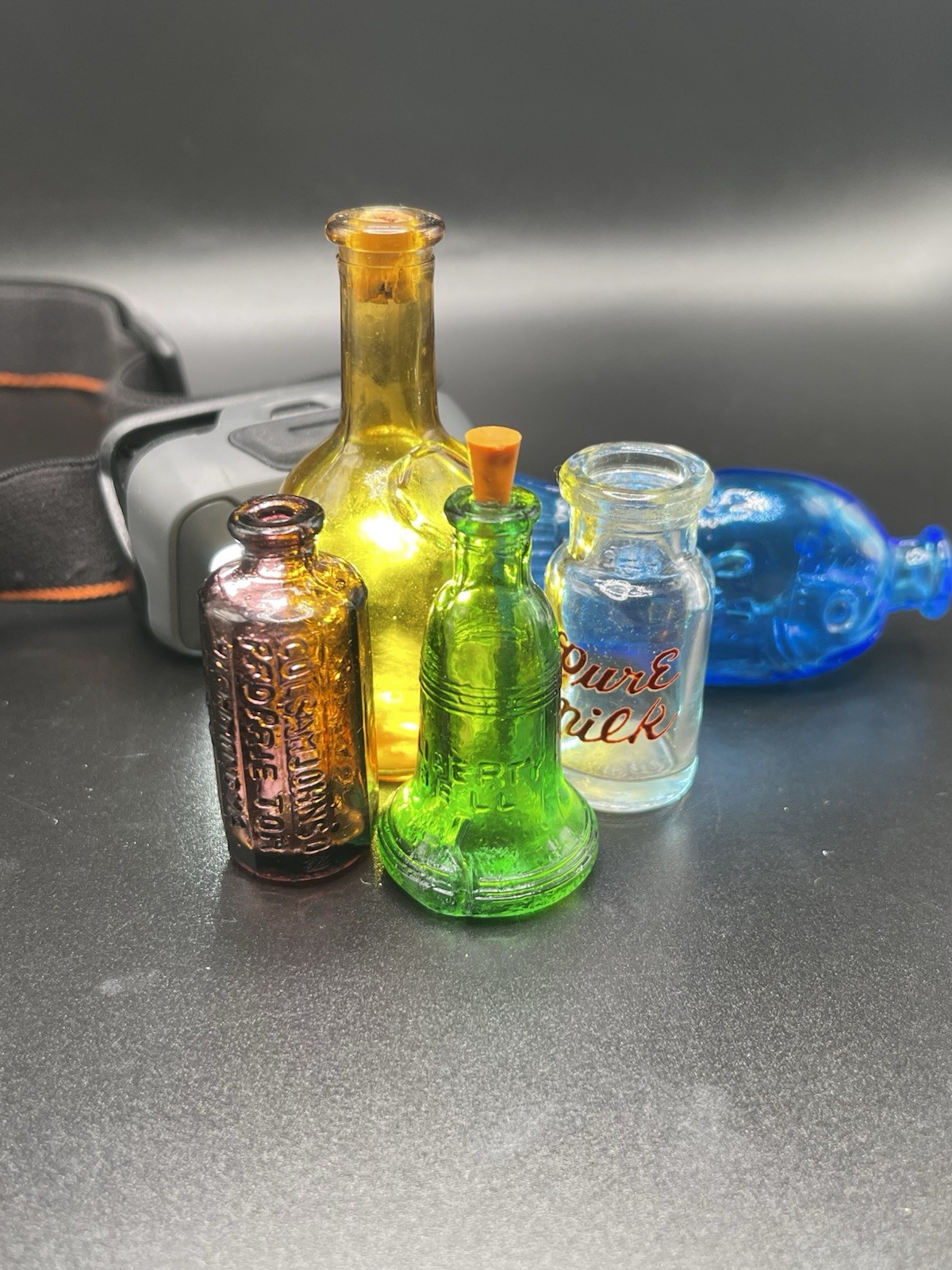 🔥Assorted Lot Of FIve Miniature Colored Glass Bottles Stoppers Bitters Liberty