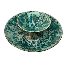 VTG Ceramic MCM Abstract Blue Green Brown Swirl 2 Piece Chip and Dip Set “Meg”