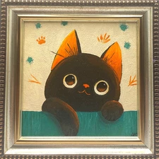 Cute Kitten Original Oil Painting Naive Painting 4x4 inches Signed and Framed