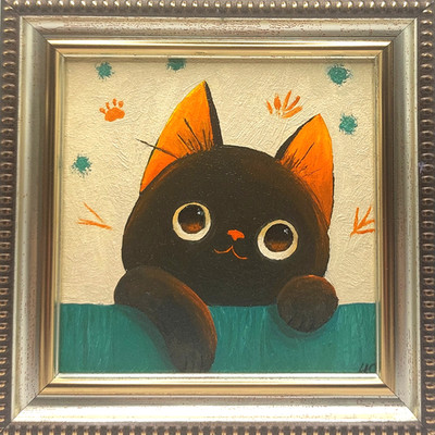 Cute Kitten Original Oil Painting Naive Painting 4x4 inches Signed and Framed