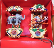 Vintage Mr Christmas Holiday 2 Carousel Circus Animals Elephant and Tiger Moving