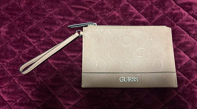 GUESS Beige Logo Zip Wristlet Wallet with Wrist Strap, Credit Card Slots