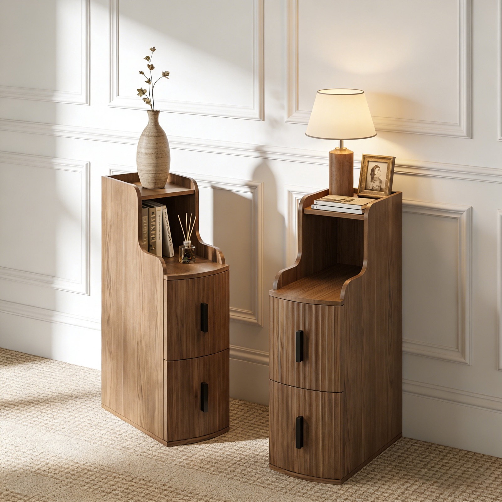 With 2 Drawers, Wooden Bedside Table Walnut Set Of 2