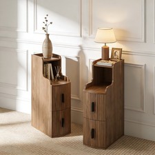Fluted Narrow Nightstand with 2 Drawers, Wooden Bedside Table Walnut Set of 2